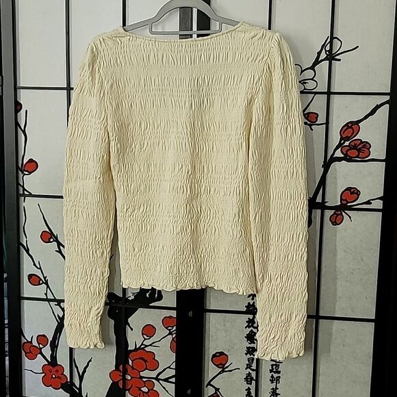 FRAME Smocked Scoop Neck Top Long Sleeve Cream Bone Stretch - Picture 5 of 10